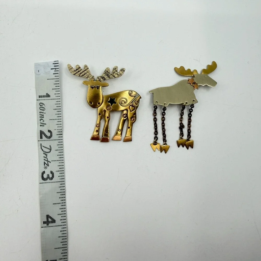 Lot of 4 Brass & Copper Tone Animal Brooch Pin Moose Cat Bird Folk Art Christmas